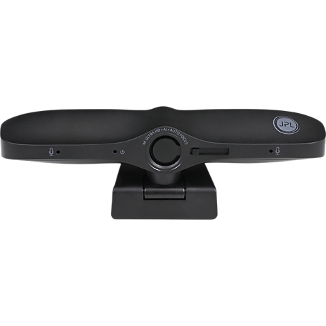 Zwarte webcam, onderkant met standaard. Bovenste tekst: 4K Ultra HD. Autofocus. Cirkel met JPL-opschrift.